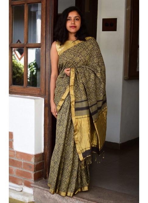 Brown &Yellow, Handwoven Organic Cotton, Textured Weave , Natural dye, Hand block printed, Occasion Wear, Jari, Ajrakh Saree